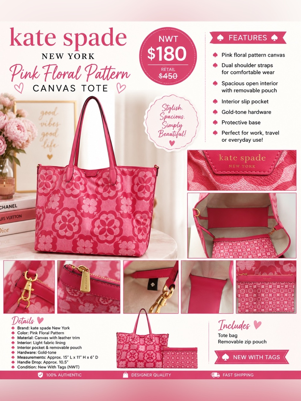 kate spade New York Pink Floral Canvas Tote W/ Removable Pouch